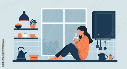 Peaceful Moment Woman Relaxes By Window With Coffee In Cozy Kitchen Interior