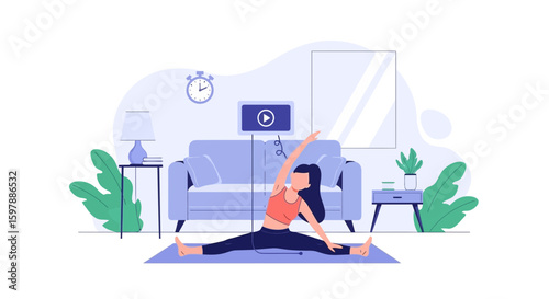 Woman Performing Stretching Exercises At Home Using Online Instructions
