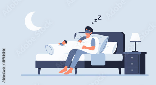 Peaceful Nighttime Scene Featuring Sleeping Man And Child In Cozy Bed