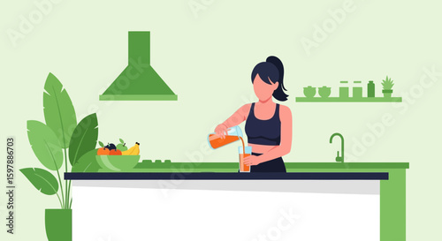 Woman Pouring Healthy Juice Drink In Kitchen Preparing Refreshing Smoothie