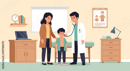 Pediatrician Checks Up On A Young Boy With His Mother In The Clinic