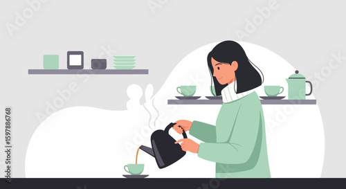 Woman Pours Refreshing Tea In Peaceful Home Kitchen Interior Scene Illustration