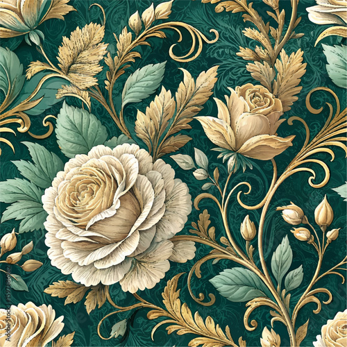 Elegant floral pattern with roses and gold accents for sophisticated designs and decor