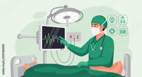 Skilled Surgeon Diagnosing Patient Vital Signs Through Modern Equipment Analysis