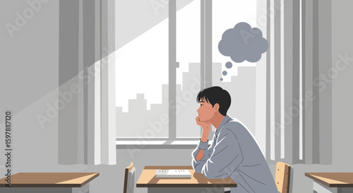 Pensive Student Looking Through Window With A Cityscape On The Horizon