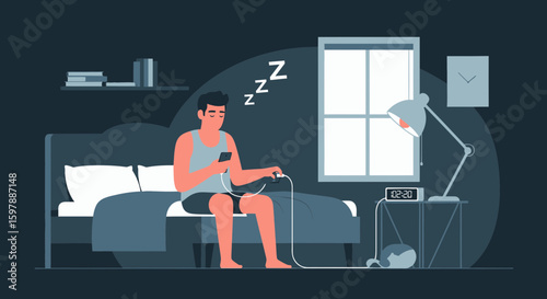 Sleepless Nights Man Uses Smartphone On Bed Late Night Insomnia Concept