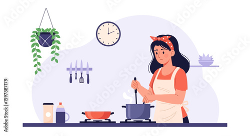 Woman Prepares Meal At Home While Following Recipe From Online Tutorial