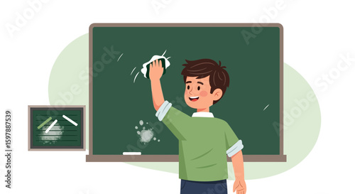 Smiling Boy Cleans Chalkboard In Classroom After School or During Class