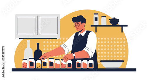 Person Examining Glass Jars Filled With Preserved Foods In A Modern Kitchen
