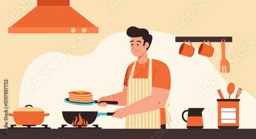 Smiling Man Preparing Pancakes Breakfast In The Kitchen With Culinary Joy