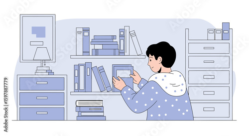 Person Organizing Books On A Bookshelf At Home In Calm Color Illustration
