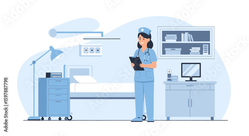 Smiling Nurse Holds A Patient's Medical Record In A Hospital Room Setting