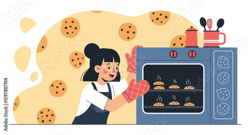 Smiling Woman Baking Freshly Baked Cookies In The Oven At Home