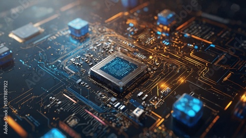 Close-up view of a computer motherboard with a central processor, illuminated by vibrant blue and gold tones.