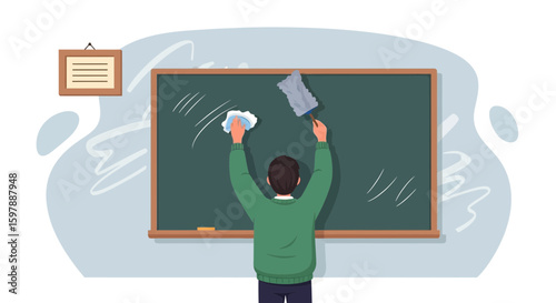 Person Wiping Blackboard After Class Illustration with Chalkboard Eraser and Rag