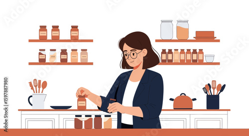 Woman Preparing Meal With Preserved Food Jars In Kitchen Shelf Illustration