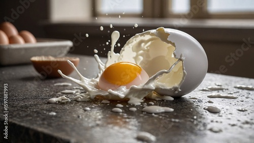 A cracked white egg spilling its yolk and white onto a countertop, creating a splash of fresh ingredients.