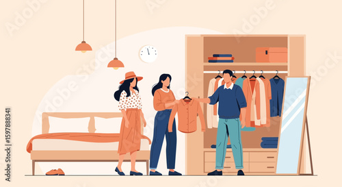 Personal Stylist Helping Client Choosing Outfit From Wardrobe At Home