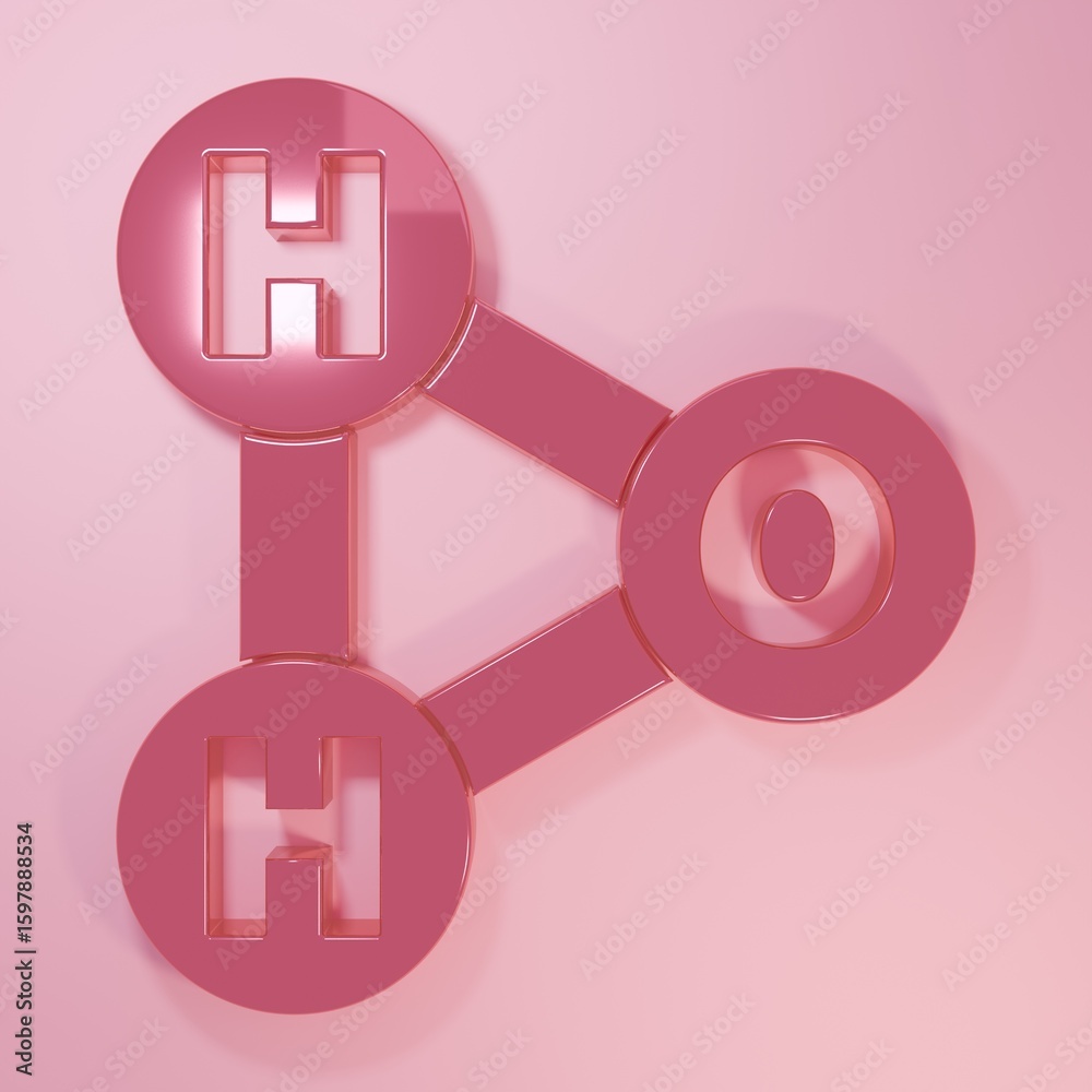 Pink Chemical formula for water drops H2O shaped icon isolated on pink background. Minimalism concept. 3D render illustration Pink Chemical formula for water drops H2O shaped icon isolated on pink background. Minimalism concept. 3D render illustration