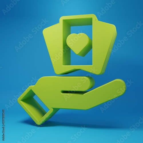 Green Hand holding playing cards icon isolated on blue background. Casino game design. Minimalism concept. 3D render illustration
