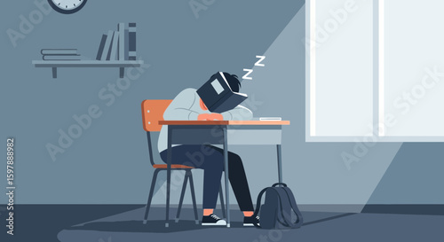 Student Asleep With Book Over Face Exhausted Studying in Class Vector Illustration