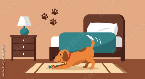 Playful Puppy Enjoying Fun Time In Bedroom Cartoon Illustration Flat Design