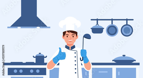 Positive Chef Giving Thumbs Up in Professional Kitchen Environment