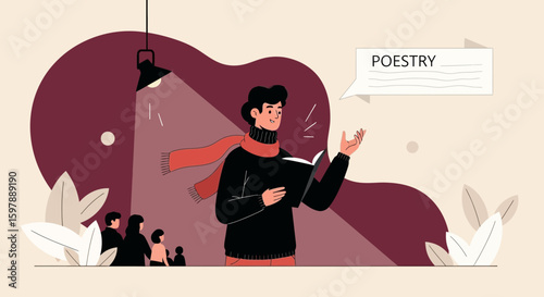 Poetry Reading Performance Under Spotlight Illustration Event Gathering Audience