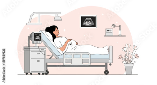 Pregnant Woman Awaiting Delivery And Checks Fetal Health With Ultrasound