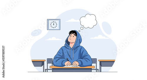 Student Dreaming Of Success While Doing Homework At His Desk In School