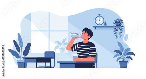 Student Drinking Water At His Desk To Stay Hydrated And Healthy At Home