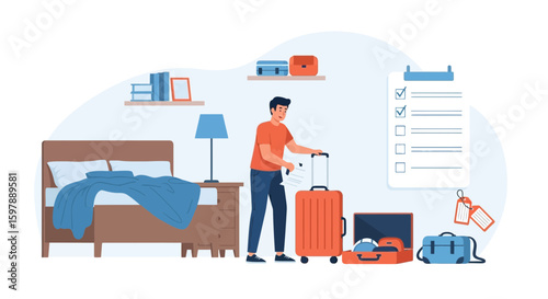 Preparing For A Trip Man Packing Suitcase In Bedroom For A Vacation