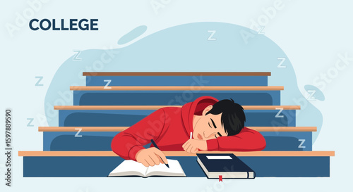 Student Drowsing During A Lecture Exhausted College Guy Sleeping In Class