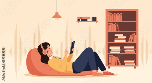 Woman Relaxing At Home Listening Audiobooks Or Podcast With Wireless Headphones