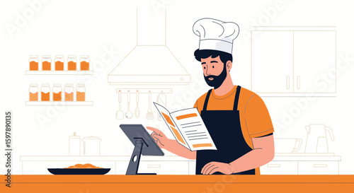 Professional Chef Exploring Culinary Recipes Via Tablet In Restaurant