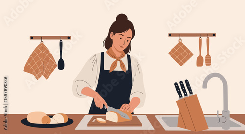 Woman Slicing Bread In Kitchen Flat Design Illustration, Meal Preparation Concept