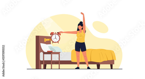 Woman Stretching After Waking Up In The Morning Showing Productivity And Health