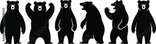 Bear silhouette vector set featuring six wild animal poses including walking, roaring, standing and arm-raised gestures—perfect for nature, wildlife and wilderness graphics vector template flat graphi