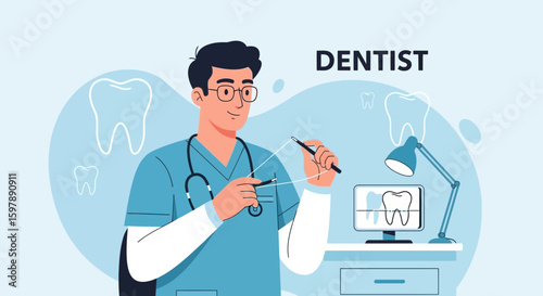 Professional Dentist Performing Dental Examination In A Modern Clinic Setting