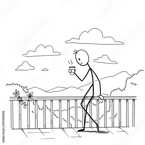 Stick figure enjoying a hot drink on balcony with mountain view  
