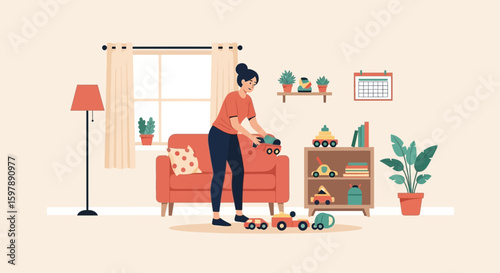 Woman Tidying Up Toys In Living Room, Cartoon Illustration Of Home Interior