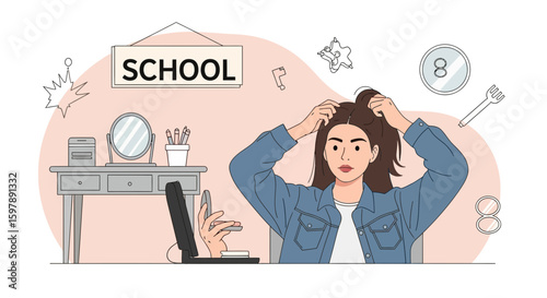 Student Preparing Before School Making Herself Up In Front Of The Mirror