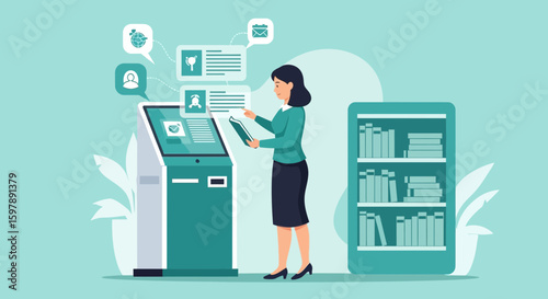 Woman Using Digital Kiosk For Library Services At Library Information System