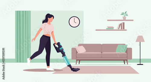 Woman Vacuuming Living Room With Stick Vacuum For Home Cleaning Routine