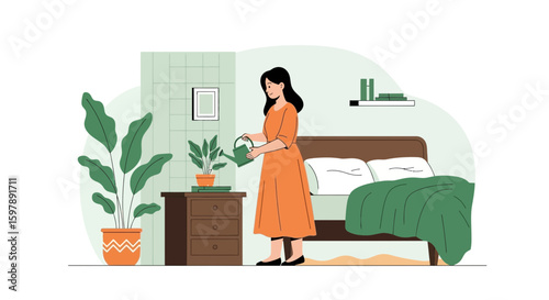 Woman Watering Plant Inside Bedroom Nurturing Interior Greenery Houseplant Care