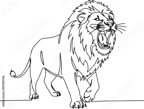 Continuous line art of a roaring lion, hand-drawn modern style, clean vector look, high-contrast black on white,