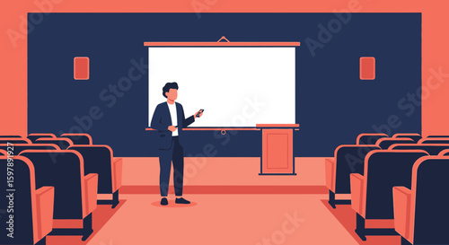 Professional Presentation By Businessman In Auditorium With Projector Screen Ready For Presentation