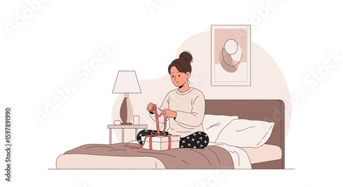 Woman With Bun Opening Gift On Bed In Neutral Tones Art Drawing