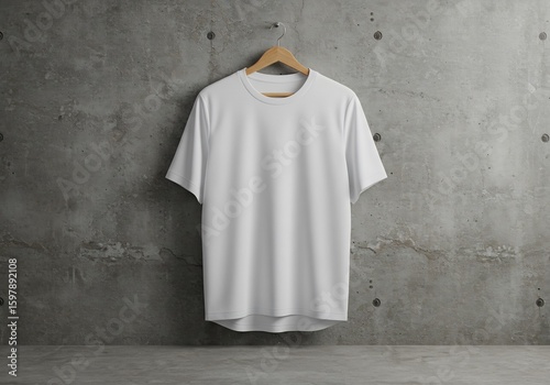 シンプル白Tシャツ、無機質なコンクリート壁背景、落ち着いた雰囲気