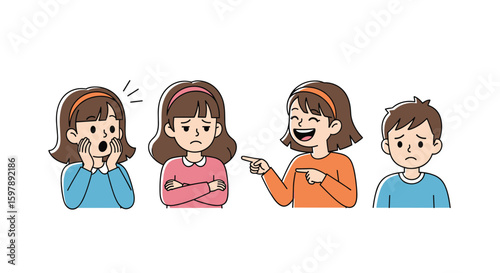 Children expressing a wide range of emotions with one child laughing at another who looks distressed and upset creating a scene of varied reactions and feelings